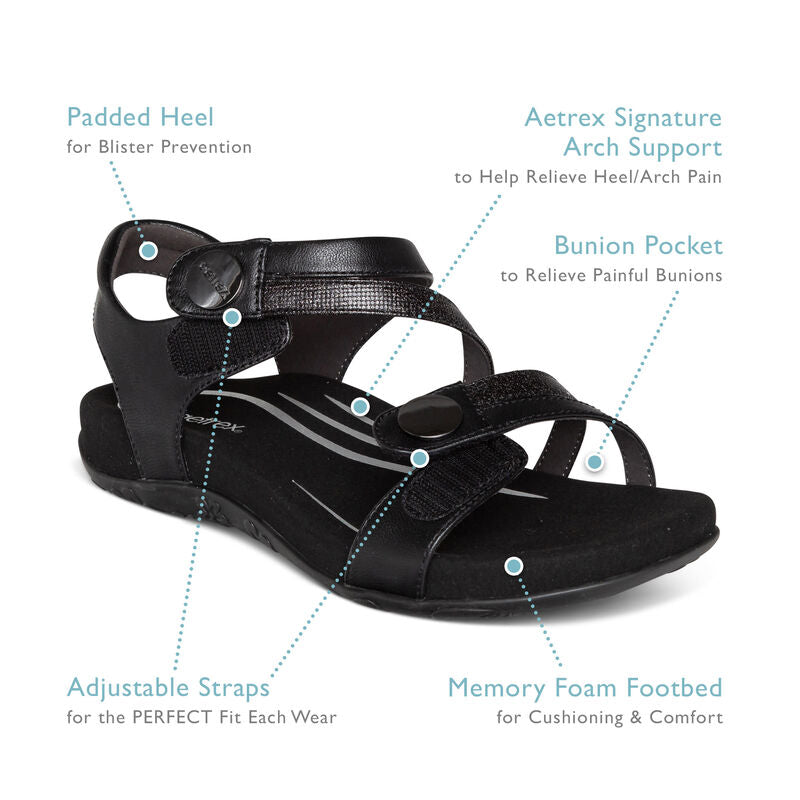 Jess Adjustable Strap Women Sandals Black - Aetrex Middle East