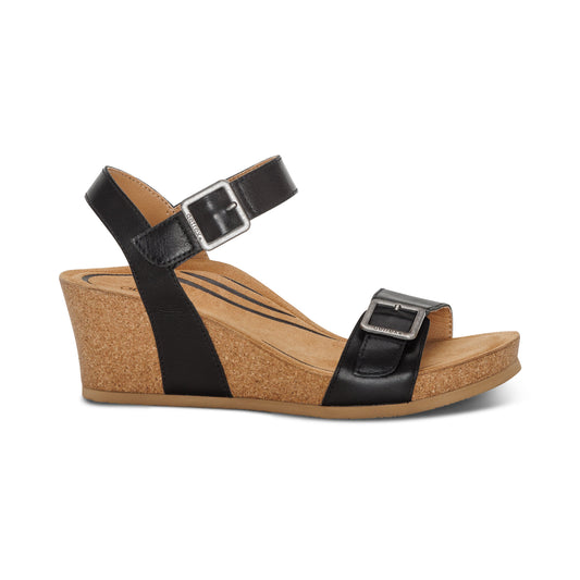 Lexa Quarter Strap Wedge Sandals - Black Leather
