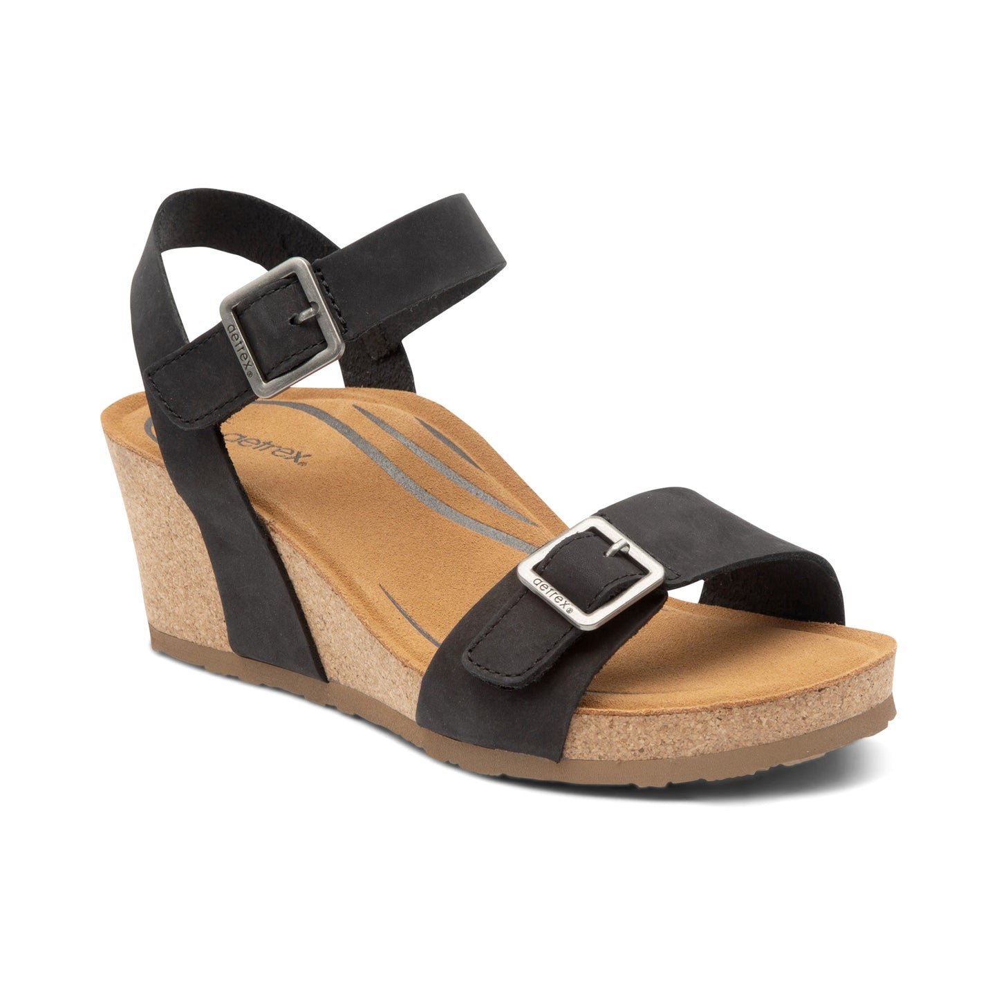 Lexa Quarter Strap Wedge Sandals Black - Aetrex Middle East